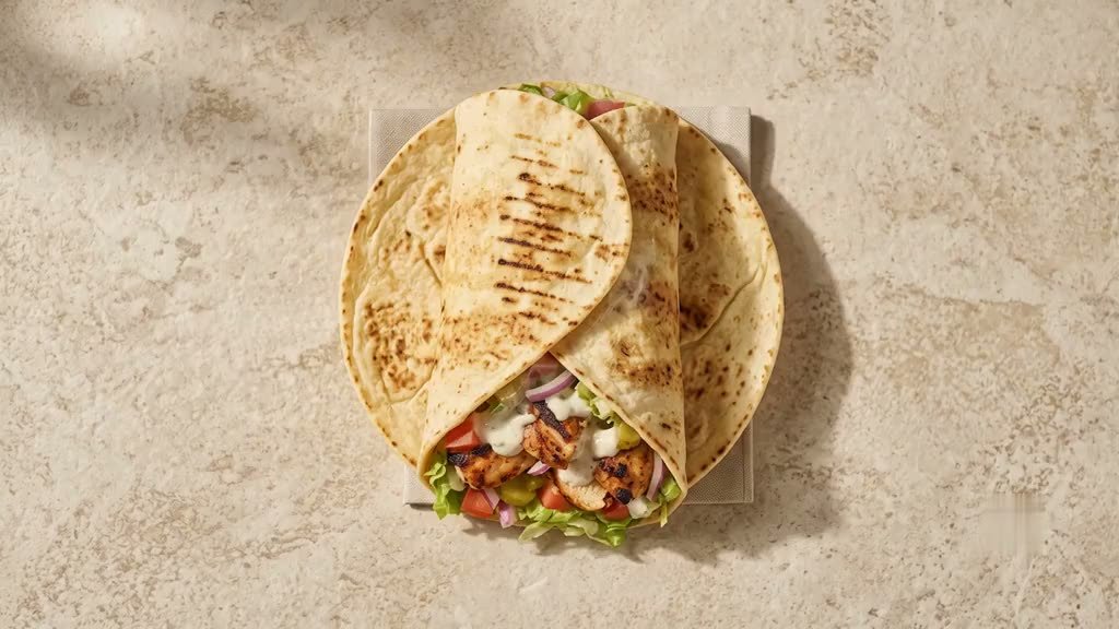 A chicken shawarma wrap in fresh saj bread on the Nourish table